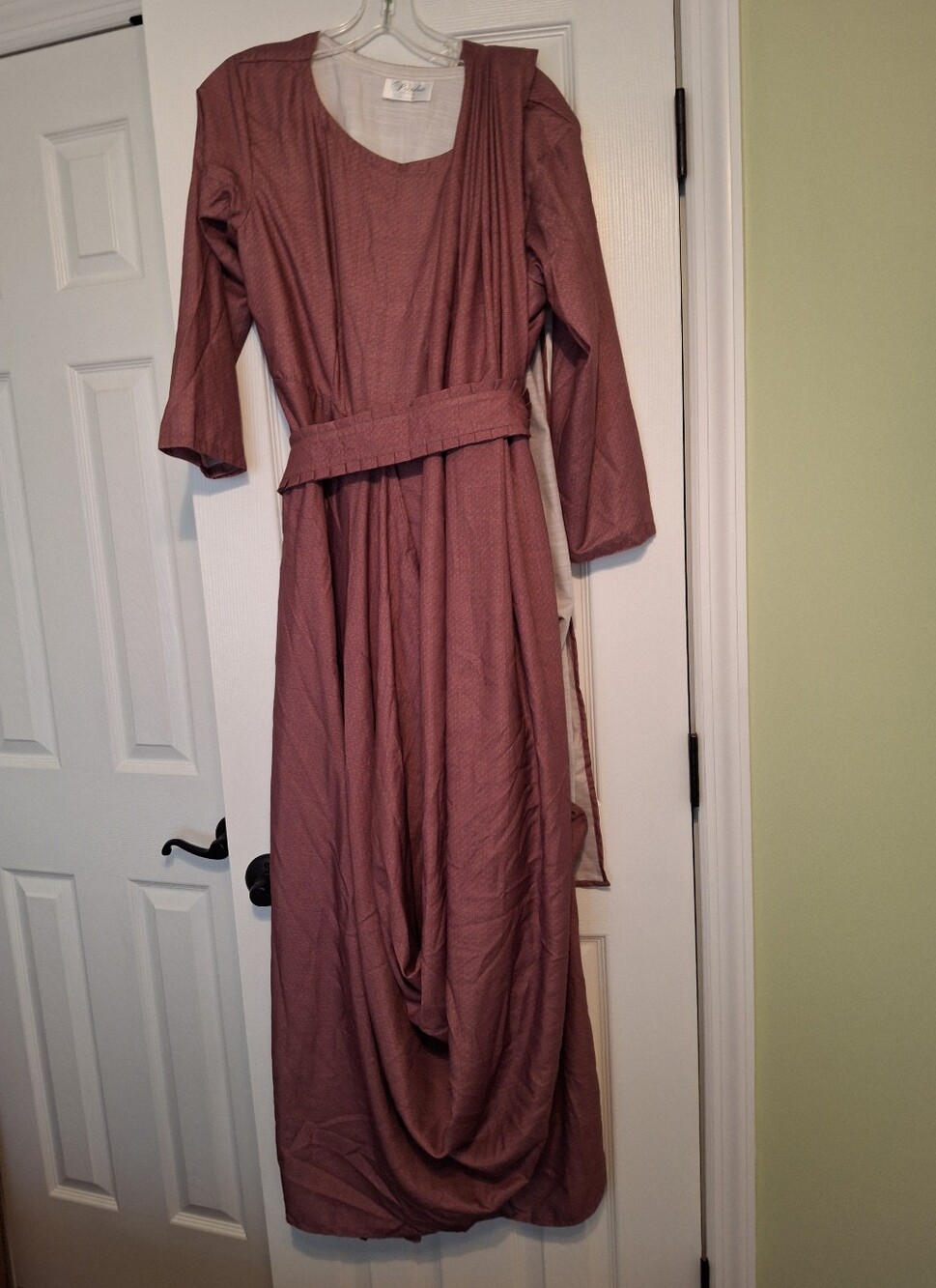 Long Mauve Belted Maxi Dress With Built In Sari Wrap Pre-Pleated